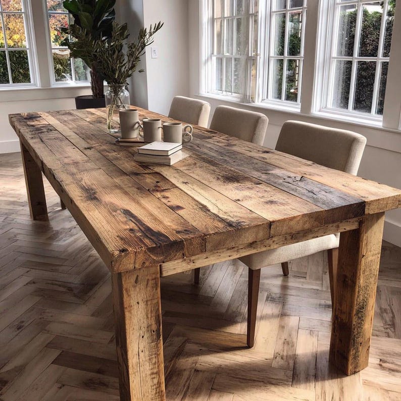 May include: A rustic wooden dining table with a distressed finish. The table is rectangular, with thick legs and a surface made of reclaimed wood planks. Three beige chairs are positioned around the table. The table is approximately 244 cm long.