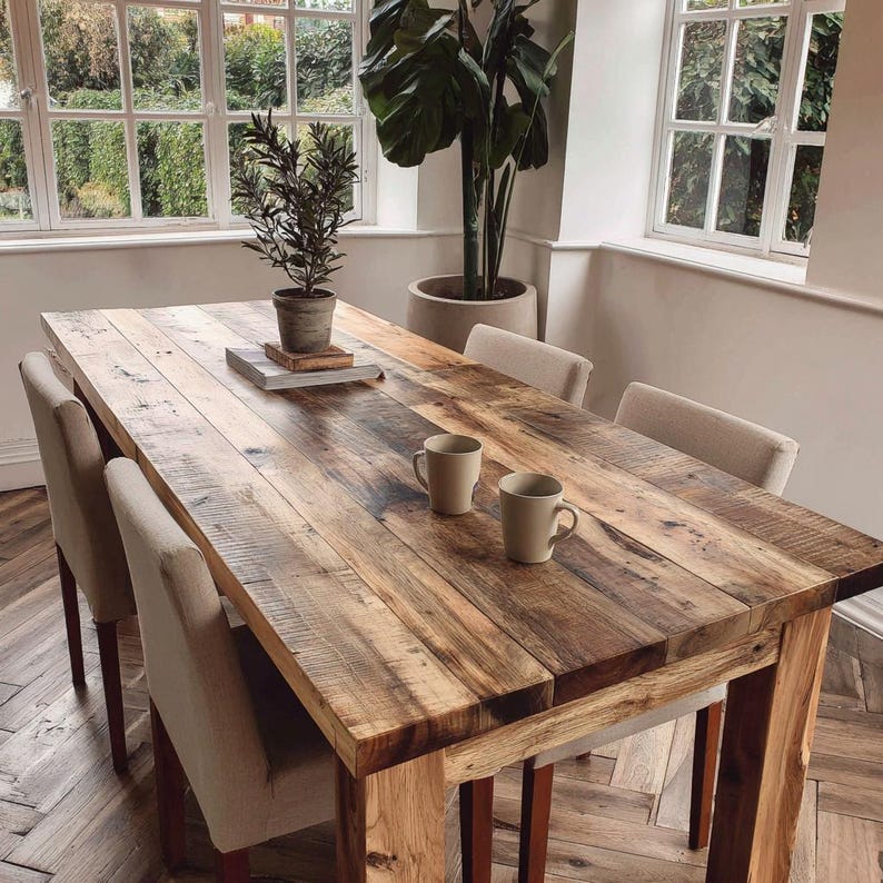May include: A reclaimed wood dining table with a natural finish, showing the wood grain. The table is surrounded by four beige upholstered chairs. Two beige mugs sit on the table. A small potted plant and a large potted plant are also visible.