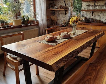 Ręcznie robiony stół z orzecha włoskiego, rustykalny stół w stylu wiejskim, drewniany stół kuchenny, stół jadalny, stół z naturalnego drewna