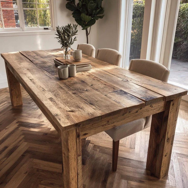 May include: A large, rectangular wooden dining table with a rustic, weathered appearance. The table is made of reclaimed wood and has a natural finish. Two beige upholstered chairs are partially visible. The table is approximately 183 cm long.