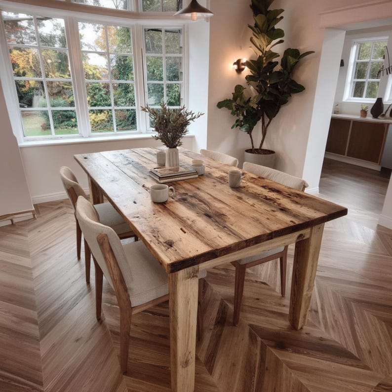 May include: A reclaimed wooden dining table with a natural finish, surrounded by four upholstered chairs. The table is rectangular and has a distressed look. The room has a large window and hardwood flooring.