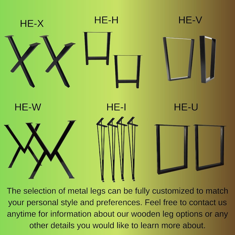 May include: Image showing different designs of black metal table legs, such as X-shaped, U-shaped, and hairpin legs. Text indicates the legs are customisable to suit personal style. Contact for wooden leg options.