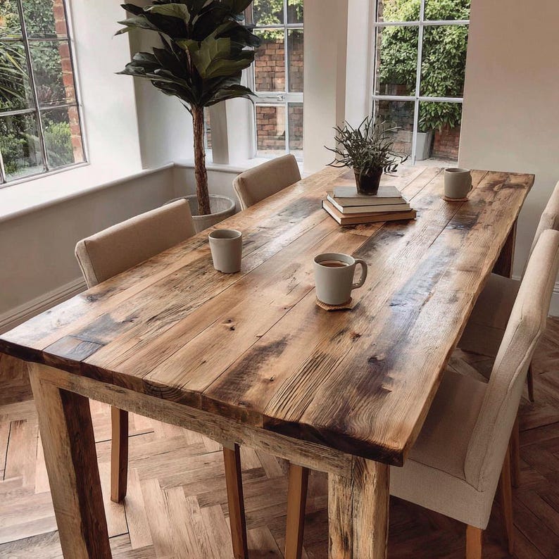 May include: A large, rectangular wooden dining table with a natural finish. The table is surrounded by beige upholstered chairs and set with mugs, books, and a potted plant. The table is approximately 183 cm long.