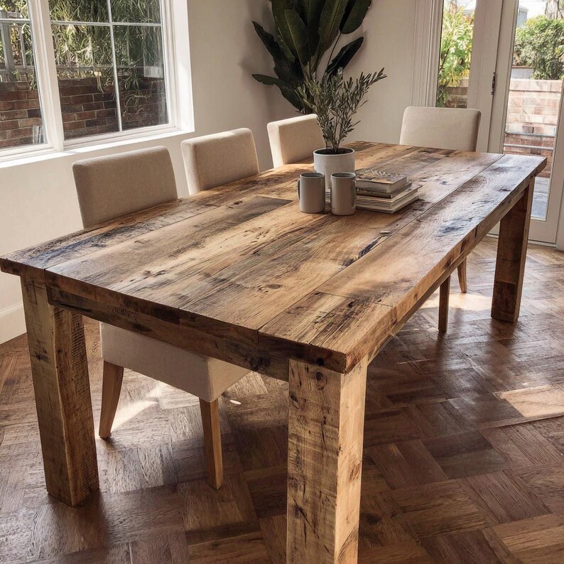May include: A substantial wooden dining table with a reclaimed wood aesthetic. The table is roughly 183 cm long and 91 cm wide, supported by sturdy, square legs. Four upholstered chairs are arranged around the table. A plant and mugs are placed on the table.