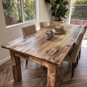 May include: A large, rectangular wooden dining table with a distressed finish, supported by chunky legs. Several upholstered chairs surround the table. Two mugs and a stack of books are placed on the table. The table's wood has a natural, aged look.