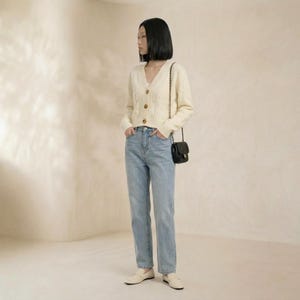 Puede incluir: Una mujer con un cárdigan crema de punto trenzado con botones de madera, vaqueros azul claro y mocasines blancos. Un pequeño bolso bandolera negro acolchado cuelga de su hombro. Un conjunto sencillo y elegante.