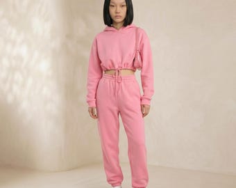 Women’s 2 Piece Cropped Hoodie and Jogger Sweatpants Lounge Set – Casual Sporty Streetwear