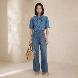 Vida jeansset med fluga – Elegant tvådelad blå streetwear-outfit för vår och sommar