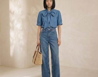 Wide-Leg Denim Set with Bow-Tie Blouse – Elegant Two-Piece Blue Streetwear Outfit for Spring and Summer