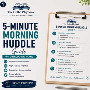 May include: A clipboard with a guide titled "5-Minute Morning Huddle" for orthodontic teams. The guide includes steps for connecting, reviewing, focusing, reminding, and closing. A black mug with the text "teamwork makes the dream work" is also visible.