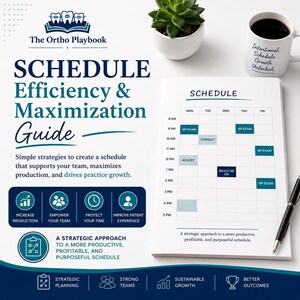 May include: A guide titled "Schedule Efficiency & Maximization" with a schedule template. The guide includes icons for increasing production, empowering teams, protecting time, and improving patient experience. A mug with the text "Intentional Schedule Growth Unlocked" is also present.