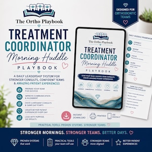 Puede incluir: Imagen promocional de "The Ortho Playbook" con el texto "Treatment Coordinator Morning Huddle Playbook." La imagen incluye una tableta que muestra el manual, junto con materiales de apoyo e iconos. El diseño está dirigido a equipos de ortodoncia.