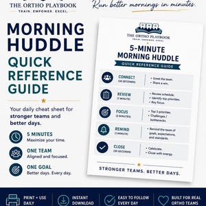 May include: A navy blue and white graphic with the text "MORNING HUDDLE QUICK REFERENCE GUIDE" and "5-MINUTE MORNING HUDDLE". The guide is for stronger teams and better days. It includes icons and bullet points for quick reference.