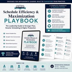 以下が含まれることがあります： 「Schedule Efficiency & Maximization PLAYBOOK」というタイトルのデジタルプレイブック。副題は「より強力なフロー、よりスマートなスケジューリング、より高い生産性のためのリーダーシップガイド」。画像にはアイコンとテキストが含まれています。