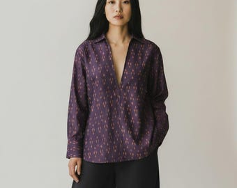 Chemisier en coton mauve Pochampally Ikat | Chemise mercerisée teinte en fil