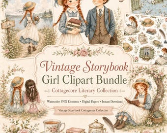 May include: A digital art bundle titled "Vintage Storybook Girl Clipart Bundle." The image features watercolor illustrations of children, books, teacups, and floral elements. The text includes "Cottagecore Literary Collection" and "Watercolor PNG Elements."