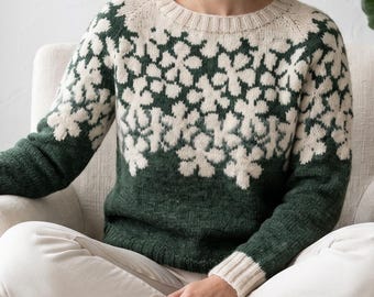 Knitting Pattern Floral Yoke Sweater Nordic Style Pullover Seamless Top Down Knit PDF