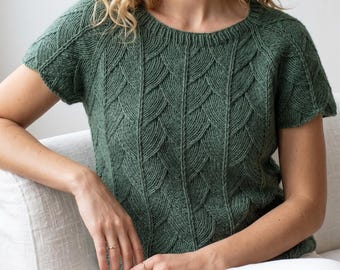 Knitting Pattern Leaf Texture Top Seamless Raglan Short Sleeve Knit Tee PDF