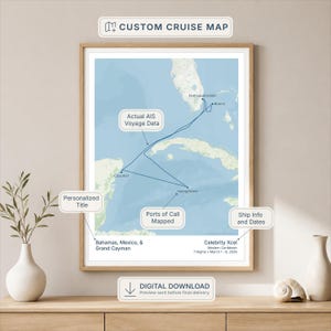 Könnte beinhalten: Eine gerahmte, individuelle Kreuzfahrtkarte mit dem Text "CUSTOM CRUISE MAP". Die Karte zeigt eine blaue Route mit dem Text "Actual AIS Voyage Data" und "Ports of Call Mapped". Die Karte enthält den Text "Bahamas, Mexico, & Grand Cayman".