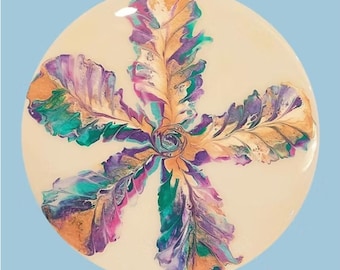 Bandeja giratoria de bambú pintada a mano: diseño floral multicolor, recubierta de resina, 35,5 cm de diámetro.