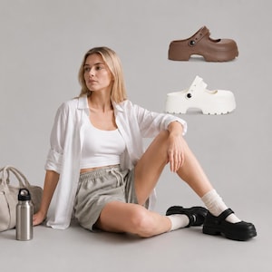 May include: A white button-down shirt, white tank top, and gray shorts paired with white socks and black Mary Jane clogs. A beige duffel bag and a silver metal water bottle are present. Floating clogs in brown and white are also displayed.