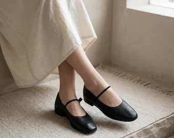 Super Soft Mary Jane Flats, Vegan Leather Ballet Flats, Black Round Toe Shoes, Minimal Buckle Strap Flats, Comfortable Everyday Shoes