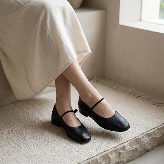 Super Soft Mary Jane Flats, Vegan Leather Ballet Flats, Black Round Toe Shoes, Minimal Buckle Strap Flats, Comfortable Everyday Shoes