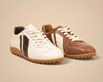 Maillard Style German Trainer Sneakers, Womens Leather Sneakers, Brown Beige Retro Shoes, 1.37 inch Low Heel Casual Walking Shoes