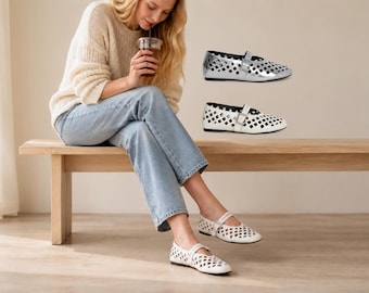 Women Cutout Mary Jane Flat, White Silver Leather Ballet Flats, Breathable Summer Shoes, Minimalist Woven Flats, Premium Leather Mary Jane