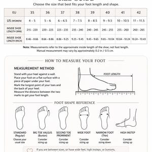 May include: A shoe size guide chart featuring a conversion table for EU and US sizes, inside shoe lengths in millimeters and inches, a foot measurement method diagram, and a foot shape reference guide for standard, bunion, wide, and high instep feet.