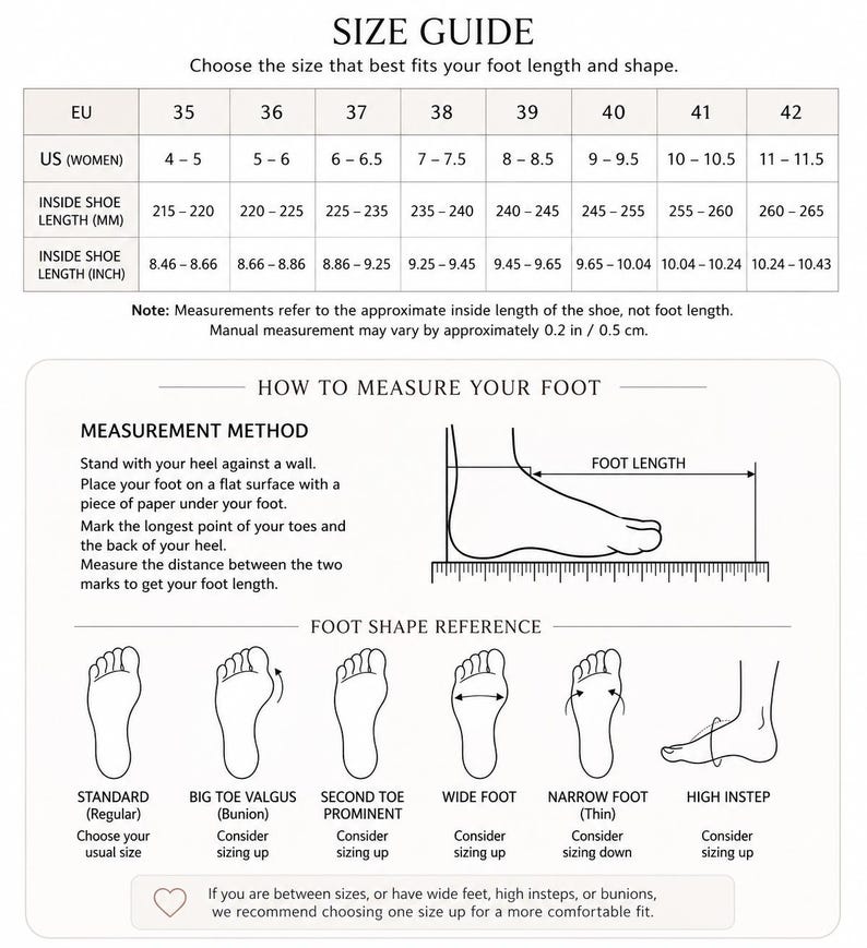May include: A shoe size guide chart featuring a conversion table for EU and US sizes, inside shoe lengths in millimeters and inches, a foot measurement method diagram, and a foot shape reference guide for standard, bunion, wide, and high instep feet.