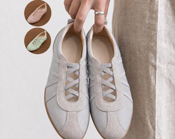 Zapatillas de ballet para mujer, zapatillas alemanas de ante, zapatillas retro de perfil bajo, zapatos Balletcore con cordones, zapatillas plateadas, verdes y marrones.