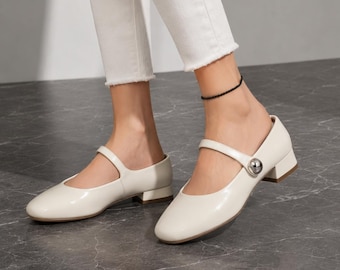 Women's Mary Jane Heels, Black Beige Leather Flats, 1.38 Inch Block Heel Shoes, Minimalist Korean Style Vintage Dress Shoes, Ballet Flats