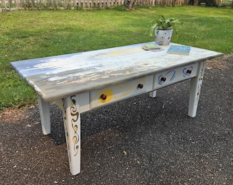 Ocean Beach Landscape Coffee Table Abstract Hand-Painted Legs 2 Drawers Wood Finish Lightweight Colorful Beach House Summer