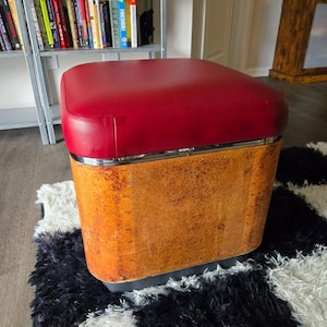 60's style Mid-Century Modern Burgundy Red Vinyl Storage Stool, Wood Finish, Chrome Trim, Retro