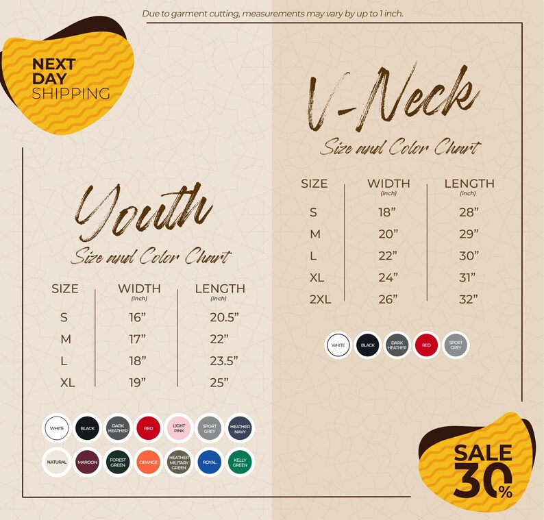 The image is a promotional graphic for a clothing store, displaying size and color charts for youth and V-Neck tops. The chart provides measurements for different sizes, including S, M, L, XL, and 2XL, along with corresponding widths and lengths. The chart also includes color options for each size, such as white, black, red, pink, and green. The image includes a sale promotion, offering a 30% discount on the V-Neck tops.