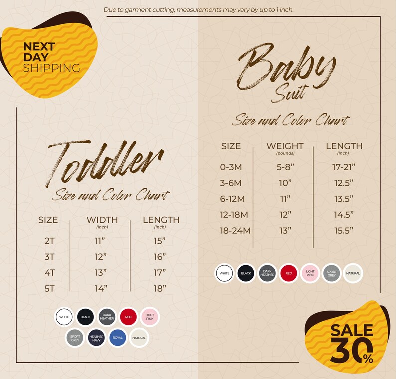 The image is a promotional graphic for a clothing store, featuring size and color charts for toddler and baby suits. The chart provides measurements and color options for each size, with a sale price of 30% off.
