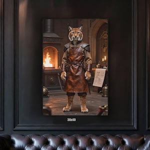 Può includere: Una stampa artistica da parete incorniciata di 30x40 cm raffigurante una lince con tratti umani vestita con un grembiule di pelle marrone e un'armatura per le spalle, in piedi in un'officina con un camino e attrezzi sullo sfondo, esposta su una parete.