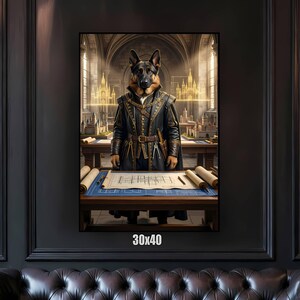 Può includere: Una stampa artistica da parete incorniciata di 30x40 cm raffigurante un pastore tedesco vestito con un cappotto scuro e strutturato con finiture dorate. Il cane si trova dietro un tavolo di legno con progetti, strumenti e modelli architettonici.