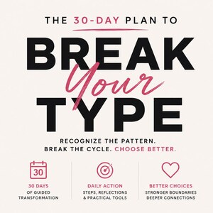 May include: A digital tablet shows the title "BREAK Your TYPE" in black and pink, advertising a 30-day plan. The image includes the tagline "Recognise the pattern. Break the cycle. Choose better." and icons representing transformation, action, and better choices.