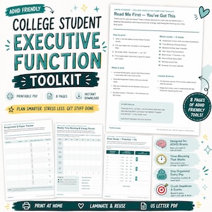 May include: A digital executive function toolkit for college students, featuring eight printable PDF pages including an assignment tracker, time-blocking planner, and brain dump sheet. The design uses dark teal and white with star accents.