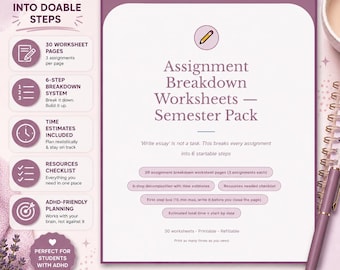 Assignment Breakdown Worksheet Printable, ADHD Task Chunking Template PDF, How to Start Homework Help, Big Project Step by Step Planner