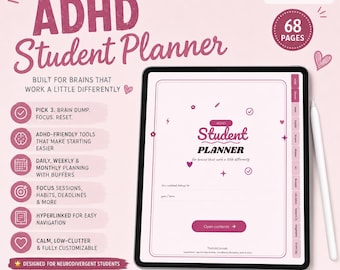 Pink Digital Planner for Students, Blush GoodNotes ADHD Planner iPad, Girly Study Organizer PDF, Gift for Teen Girl, Soft Aesthetic School