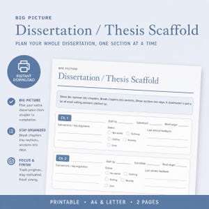 Op de afbeelding: Een afdrukbare witte Dissertation/Thesis Scaffold met blauwe accenten. Het document bevat secties voor hoofdstukoverzichten, status tracking en feedback van de adviseur. Tekst bevat "Direct downloaden" en "Plan je hele proefschrift, sectie per sectie."