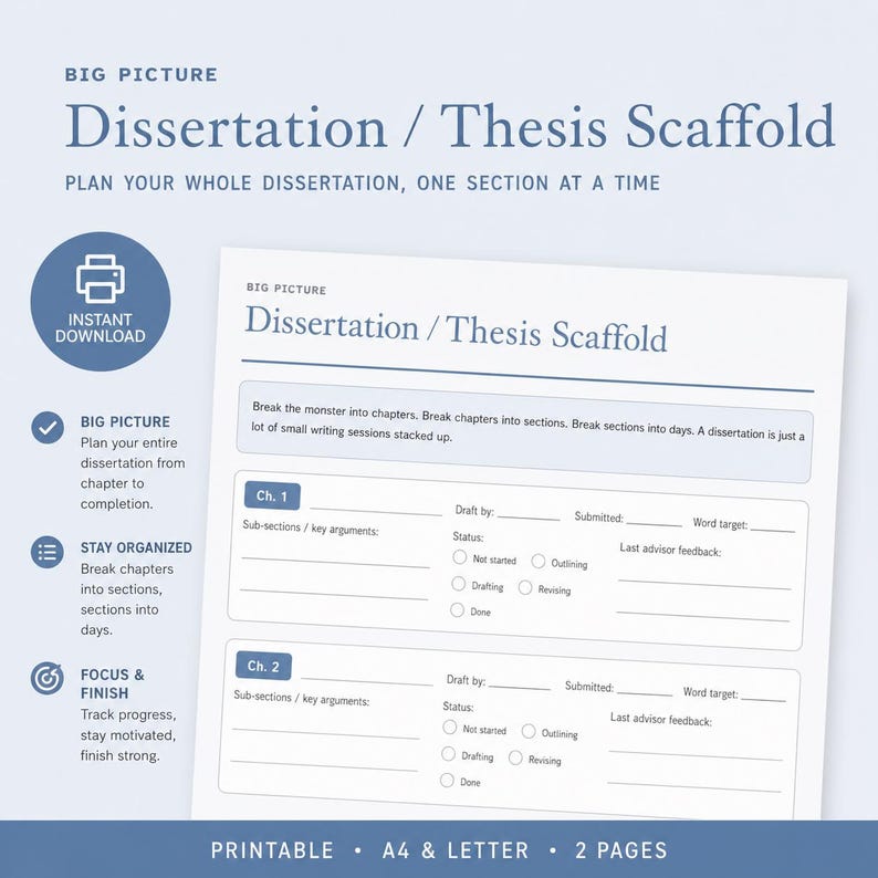 Op de afbeelding: Een afdrukbare witte Dissertation/Thesis Scaffold met blauwe accenten. Het document bevat secties voor hoofdstukoverzichten, status tracking en feedback van de adviseur. Tekst bevat "Direct downloaden" en "Plan je hele proefschrift, sectie per sectie."