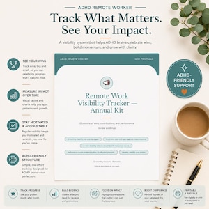 May include: A white and green printable Remote Work Visibility Tracker - Annual Kit, designed for ADHD remote workers. Includes a notepad, pen, and a cup of coffee. The text reads "Track What Matters. See Your Impact."