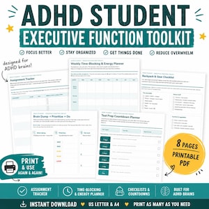 May include: A digital ADHD Student Executive Function Toolkit featuring eight printable PDF pages. Includes an assignment tracker, weekly time-blocking energy planner, backpack gear checklist, brain dump, and test prep countdown planner.