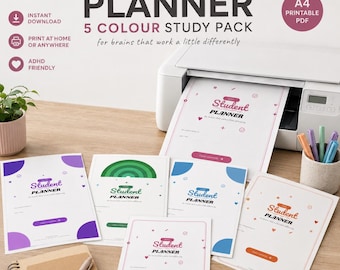 Printable Study Planner Bundle A4, 5 Colour Pack Print at Home PDF, Revision Organiser Uni School, ADHD Friendly Pages, Ink Saving Themes