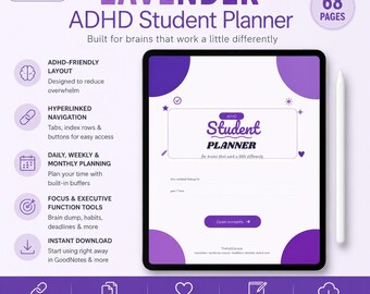 Planejador de alunos com TDAH lavanda, GoodNotes iPad Digital, Rastreador de prazo (PDF)