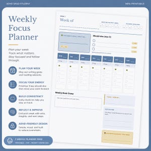 May include: A printable weekly focus planner with a minimalist design. The planner includes sections for writing output, reading sessions, and daily energy levels. It features prompts for weekly goals, should-dos, and reflection, with the text "Weekly Focus Planner".